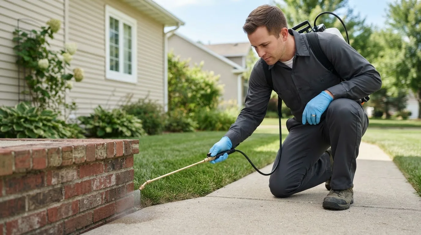 Pest control technician treating a home near May, ID